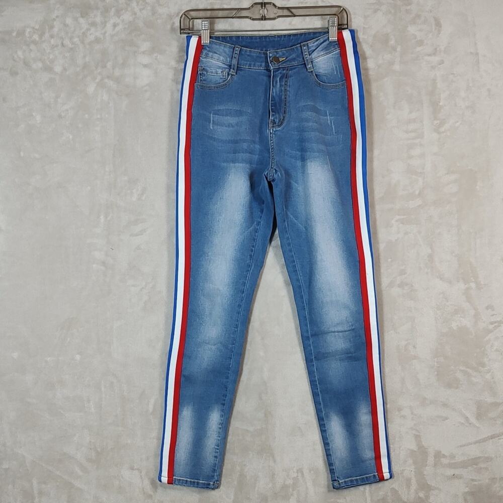 Women's Skinny Jeans Size Medium Tri-color Racer Stripe Distressed Unbranded